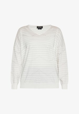 Biały sweter z dekoltem w serek, ozdobiony poziomymi paskami i subtelnymi wzorami w otwartym splocie. Długie rękawy z ściągaczami.