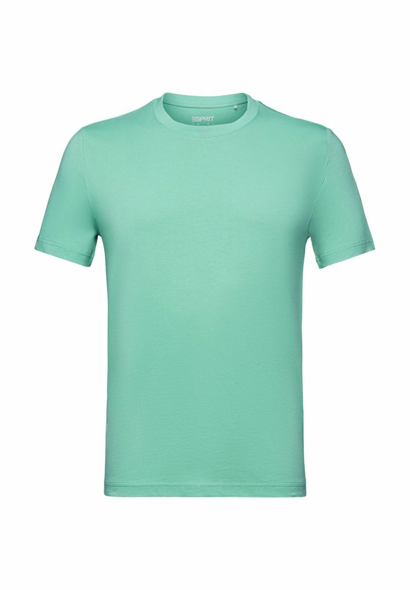 Mintgrünes Kurzarm-T-Shirt aus weicher Baumwolle, mit einem Rundhalsausschnitt und einer glatten, gleichmäßigen Textur ohne Muster oder Akzente.
