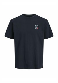 Navyblå bomulds t-shirt med korte ærmer, rund halsudskæring, prydet med "RD" i lyseblå og et rødt prik-design på brystet.