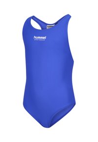 Blauw eendelig badpak gemaakt van glad materiaal, met een racerback ontwerp en een wit logo aan de voorkant. Geen extra accenten of patronen.