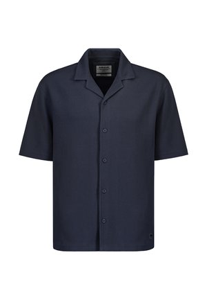 Navy blue short-sleeve button-up shirt with notch collar and ribbed texture, labeled Sublevel, medium size.