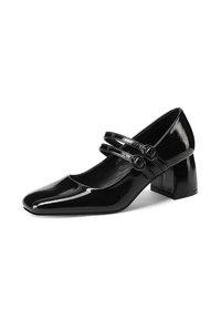 Scarpa Mary Jane in pelle verniciata nera con punta quadrata, due cinturini regolabili con fibbie circolari e tacco a blocco chunky.