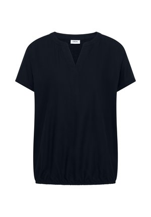 Sort kortærmet bluse med V-udskæring og elastisk kant, lavet af blødt stof.