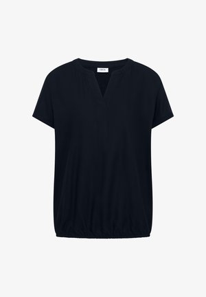 Musta lyhythihainen pusero, jossa V-mallinen pääntie ja joustava helma, valmistettu pehmeästä kankaasta.