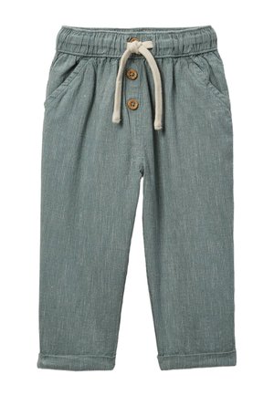 Pantalon texturé vert pour enfants avec taille élastique, deux boutons en bois, un cordon blanc, poches avant en biais et ourlets retroussés.