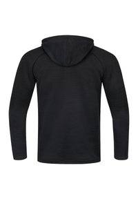 Zwarte hoodie met lange mouwen, gemaakt van zachte stof. Heeft een gestructureerd oppervlak en een ontspannen pasvorm, zonder zichtbare logo's.