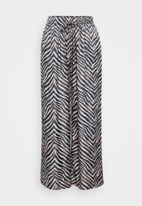 Calças largas feitas de material leve, com um padrão de listras zebra em preto e bege, apresentando um cós elástico e cordão.