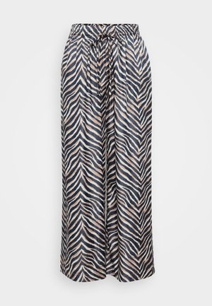 Weite Hosen aus leichtem Material mit einem schwarz-beigen Zebra-Streifenmuster, einem elastischen Taillenbund und einem Kordelzug.