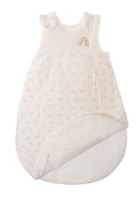 Baumwoll-Wickelbare für Babys, cremefarben mit pastellfarbenem Regenbogenmuster, mit Druckknöpfen an den Schultern und einer Öffnung am Boden für einfachen Zugang.