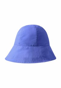 Purple bucket hat made of smooth fabric; rounded crown and wide, floppy brim; features stitching details along the edges.