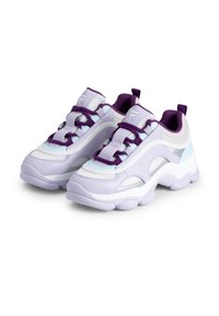 Lila und weiße Sneakers mit strukturiertem Finish, ausgestattet mit Schnürverschluss, gepolstertem Kragen und Logodetail. Design mit dicker Gummisohle.