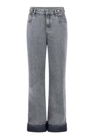 Grijze denim wide-leg jeans met een hoge taille, voorzien van twee voorkruizen, gouden hardware accenten en een donkere denim omslag aan de onderkant.