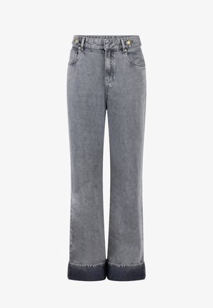 Grijze denim wide-leg jeans met een hoge taille, voorzien van twee voorkruizen, gouden hardware accenten en een donkere denim omslag aan de onderkant.