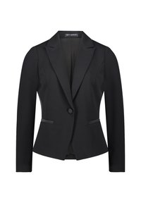 Schwarze Blazer mit tailliertem Schnitt, Reverskragen, einreihigem Knopfverschluss, Seitentaschen und einer glatten Stoffoberfläche.