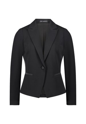 Zwarte blazer met een getailleerde pasvorm, met gelapte revers, enkele knoopsluiting, zijzakken en een gladde textuur.