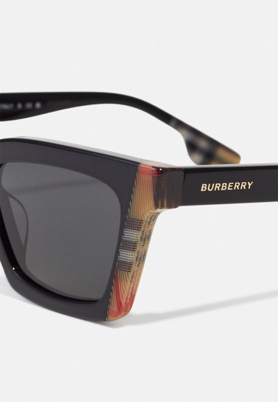 Black sunglasses with black lenses, patterned brown and red accents on the arms, and gold "Burberry" logo detailing. Square frame design.