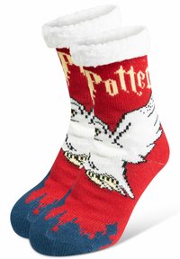 Calze rosse lavorate a maglia con polsini in festone bianco, caratterizzate da un design di un gufo bianco e la scritta "Potted" in crema, con una sezione della punta di colore blu scuro.