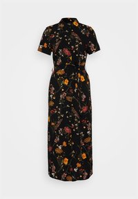 Svart maxiklänning med kort ärm, prydd med orange, röd och rosa blommönster, knapplist fram, krage och knytslinga i midjan.