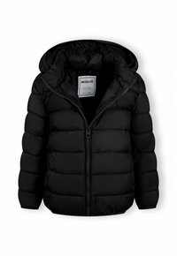 Sort pufferjakke med hætte, med lynlåslukning, quiltet design og en glat tekstur. Etiket synlig indeni.