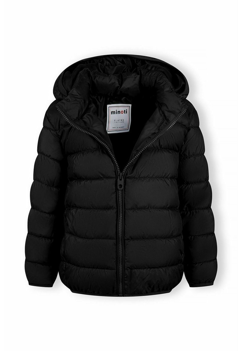 Giacca a vento nera con cappuccio, dotata di chiusura con zip, design trapuntato e texture liscia. Etichetta visibile all'interno.