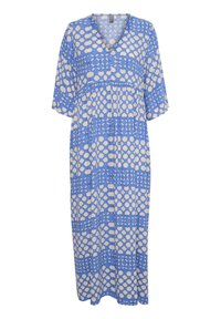 Blå och krämfärgad mönstrad maxiklänning med V-ringning och korta ärmar. Har geometriska former och en lös, flytande design.
