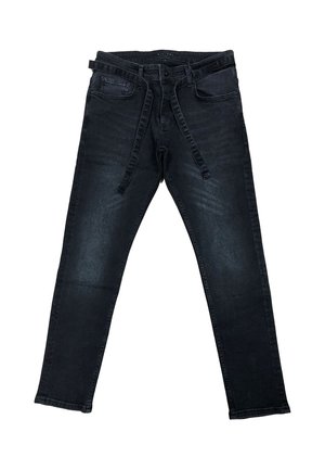 Dunkelblaue Denim-Jeans mit Slim-Fit, Fronttaschen, Gürtelschlaufen, Knopfverschluss und einem angenähten Stoffgürtel, der in der Taille gebunden ist.