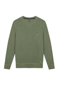 Sudadera verde hecha de tejido texturizado. Cuenta con cuello redondo, mangas largas y un pequeño logo en el pecho. Puños y dobladillo acanalados.