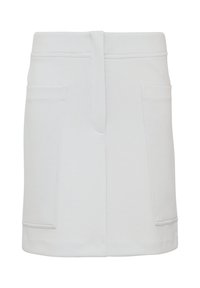 Jupe en mélange de coton gris clair avec deux poches avant et une taille sans couture. Le tissu a une texture lisse et un design structuré.
