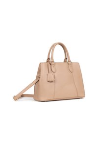 Borsa a mano in pelle beige con doppi manici e tracolla removibile. Superficie liscia, forma strutturata e finiture in metallo dorato.
