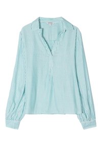 Blusa leggera a maniche lunghe con un motivo a righe turchesi e bianche. Presenta un colletto, una patta frontale e polsini elastici.