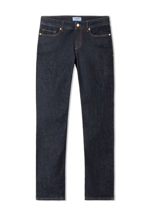 Jean bleu foncé à jambes droites avec poches avant, fermeture à boutons et une petite étiquette de marque sur la ceinture.