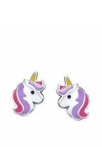 Kolczyki w kształcie jednorożca z białymi, fioletowymi, różowymi i żółtymi emaliowanymi akcentami, z błyszczącym wykończeniem i małym czarnym okiem.