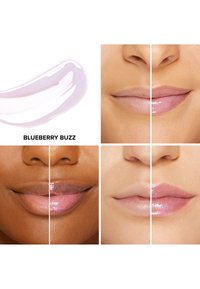 Rosa Lipgloss mit der Bezeichnung "Blueberry Buzz" und schimmerndem Finish, präsentiert auf verschiedenen Lippen; unterschiedliche Farbtöne von hellen bis dunklen Teints.