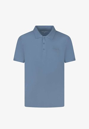 Polo bleu à manches courtes avec col et trois boutons, design uni, sans motifs ni logos visibles.