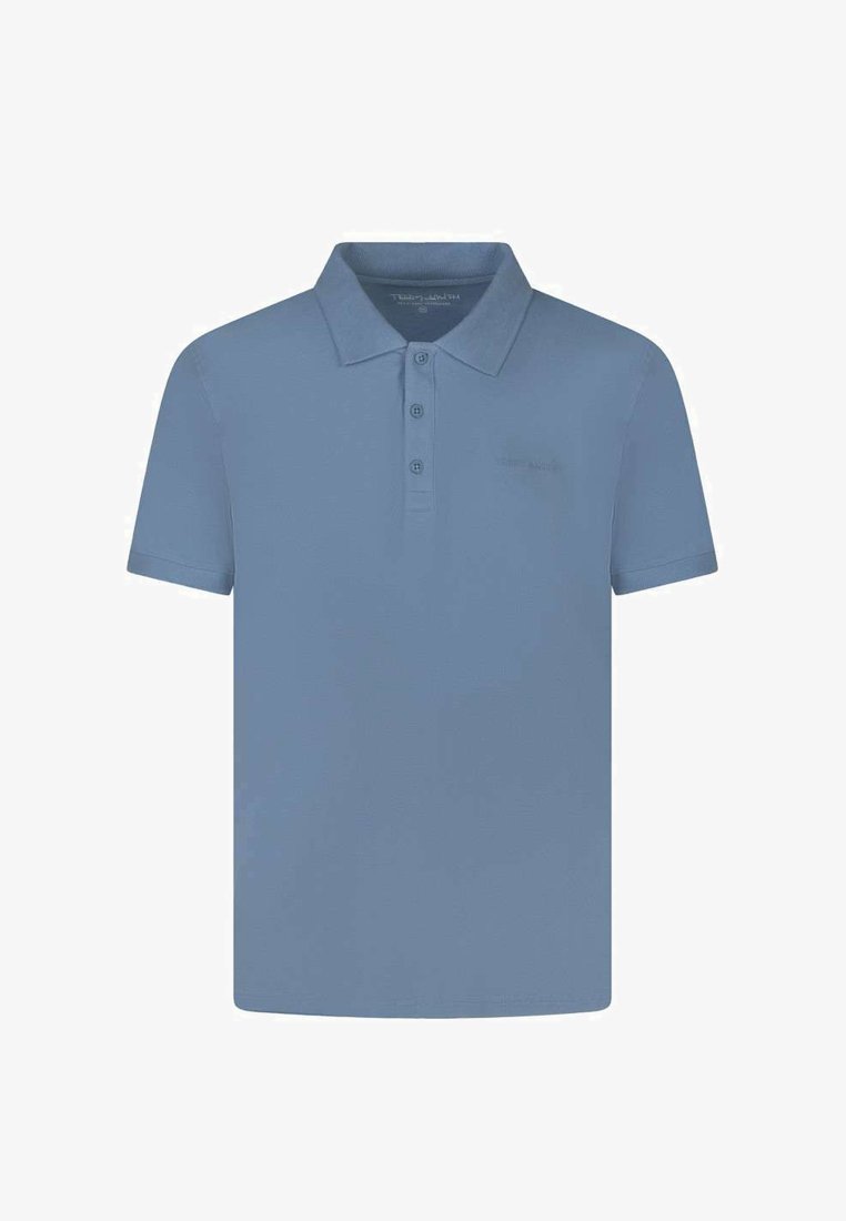 Polo bleu à manches courtes avec col et trois boutons, design uni, sans motifs ni logos visibles.