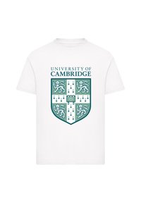White cotton t-shirt featuring a green University of Cambridge shield logo with lions, arrows, and text in a bold font.