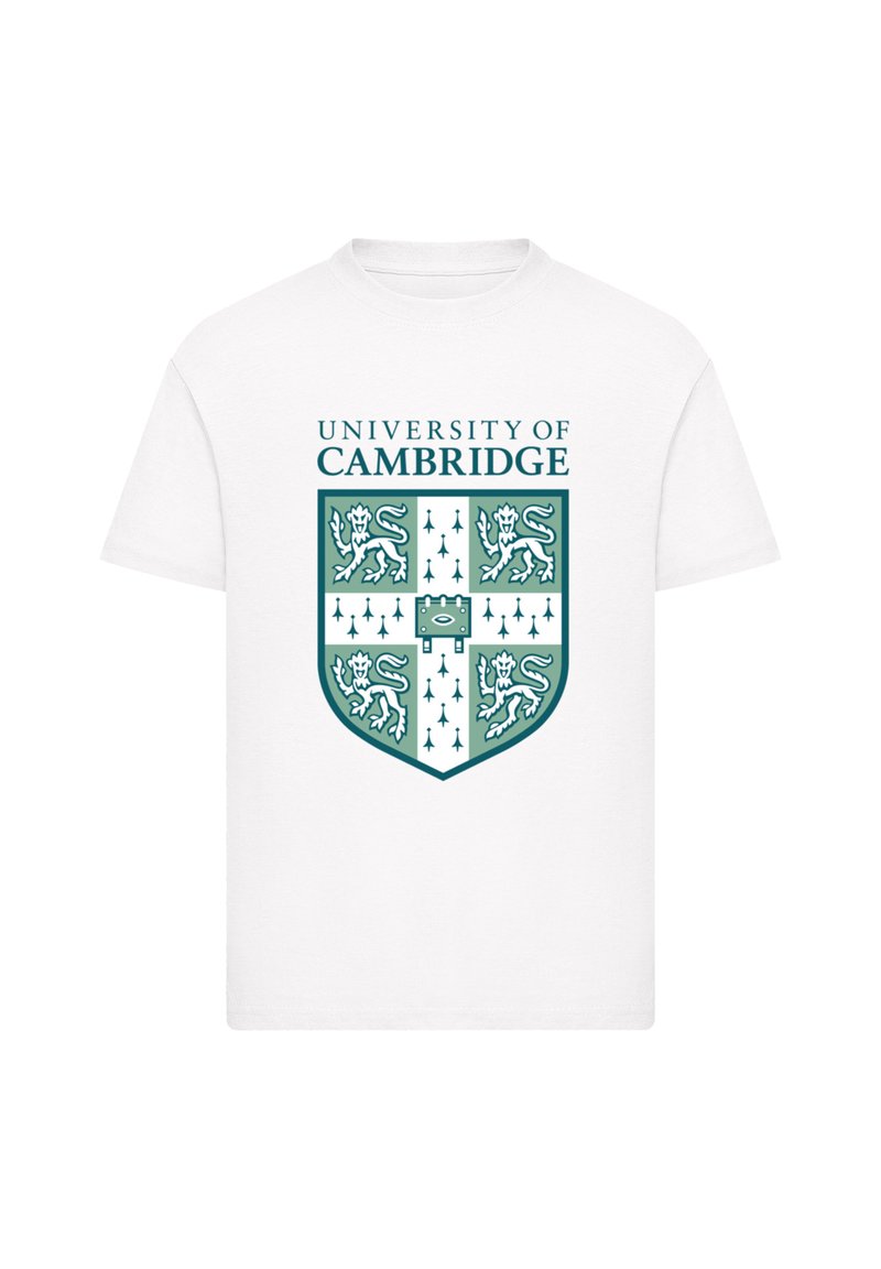 White cotton t-shirt featuring a green University of Cambridge shield logo with lions, arrows, and text in a bold font.