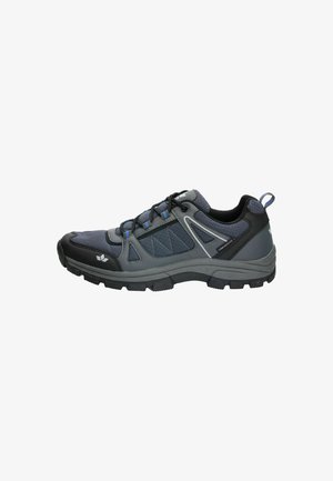 Dark gray and black low-cut hiking shoe with blue accents, rugged sole, lace-up design, and padded collar.