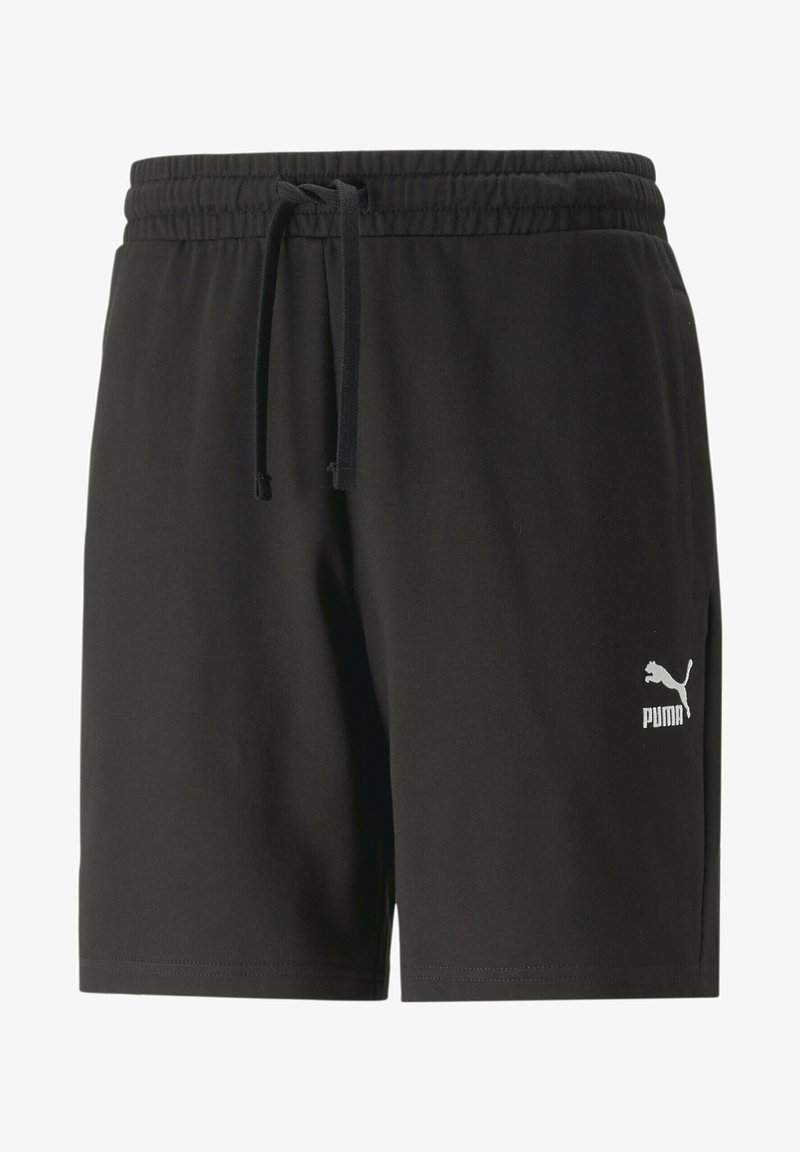 Melnas sporta šorti, kas izgatavoti no viegla auduma, ar elastīgu jostu un auklu, kā arī nelielu baltu logotipu kreisajā kājā.