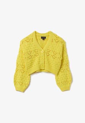 Cárdigan de ganchillo amarillo con cuello en V, mangas largas abullonadas y cuatro botones. Presenta intrincados patrones de encaje y un dobladillo corto.