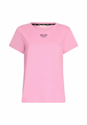 T-shirt rose à manches courtes en coton doux, avec un col rond et "LIU•JO MILANO" imprimé en noir sur le devant.
