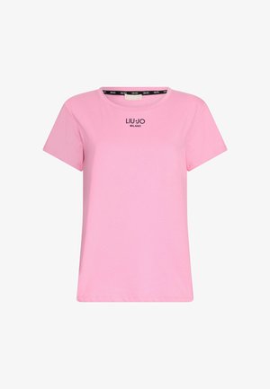 T-shirt rosa a maniche corte in morbido cotone, con scollatura a girocollo e la scritta "LIU•JO MILANO" stampata in nero sul davanti.