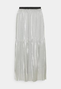 Gonna plissettata argento con una comoda vita elastica nera. Presenta strisce metalliche verticali e un design fluido che arriva alla caviglia.
