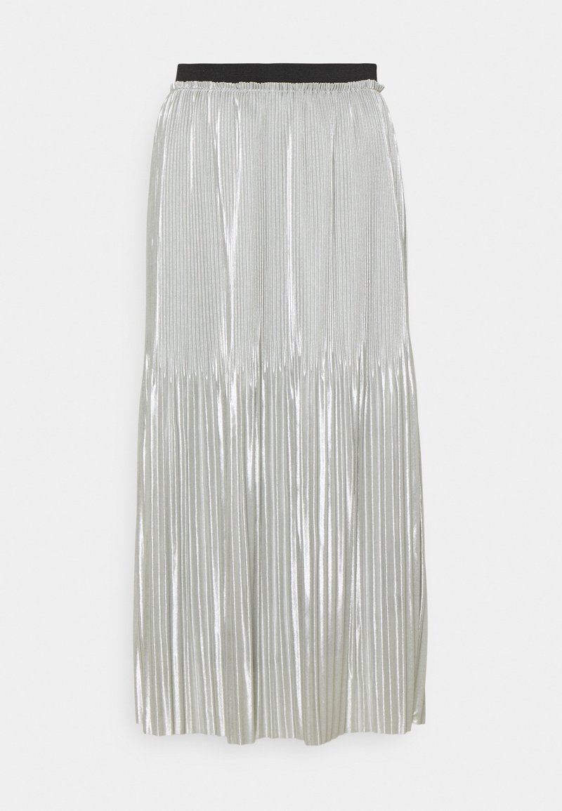 Gonna plissettata argento con una comoda vita elastica nera. Presenta strisce metalliche verticali e un design fluido che arriva alla caviglia.