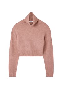 Jasnoróżowy krótki sweter z golfem, wykonany z miękkiej dzianiny, z prążkowanym kołnierzem i mankietami, z obniżonymi ramionami dla luźniejszego fasonu.