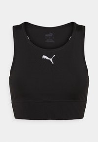 Svart sport-bh i stretchigt tyg med rund halsringning och tjocka axelband. Har en vit Puma-logotyp på framsidan.
