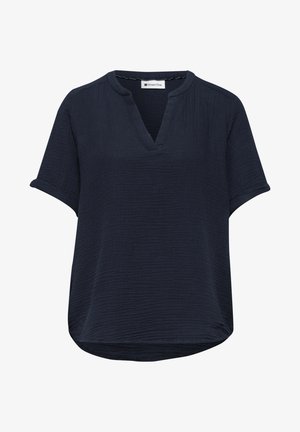 Blusa de manga corta en azul marino con tela texturizada, cuello redondo en V y dobladillo ligeramente curvado de Street One.