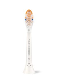 Tête de brosse Philips Sonicare A3, présentant un corps en plastique blanc, des accents orange et bleu, et plusieurs poils de nettoyage disposés en motif quadrillé.
