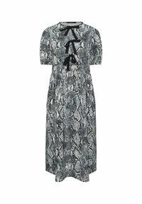 Pitkä käärmeennahkakuosiset mekko harmaan ja mustan sävyissä, jossa on lyhyet hihat, pyöreä kaula-aukko ja kolme mustaa nauharaitakoristetta edessä.