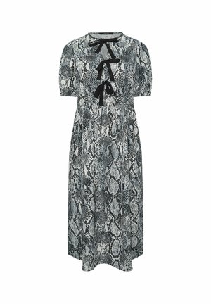 Langes Schlange-Print-Kleid in Grautönen und Schwarz, mit kurzen Ärmeln, einem runden Ausschnitt und drei schwarzen Schleifenakzenten auf der Vorderseite.